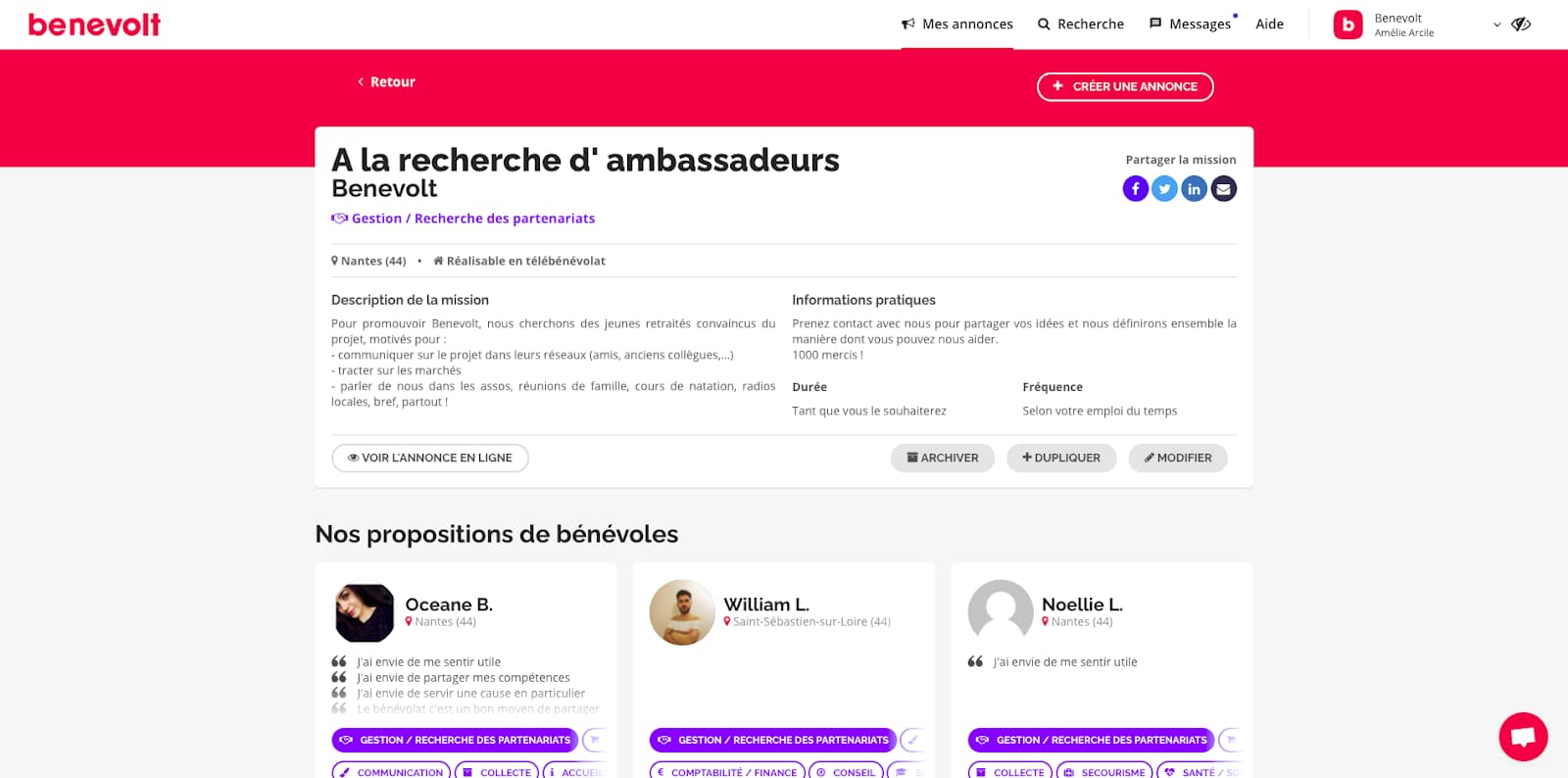 La recherche de bénévoles sur Benevolt